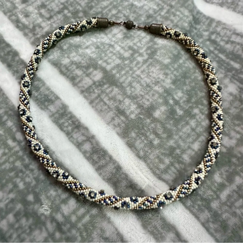 Handmade Beaded Crochet Necklace 21” Cream Blue Bronze Bling Magnetic clasp‎